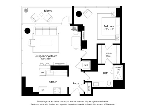 Floor plan for 1 bed, 1 bath, 852 sqft